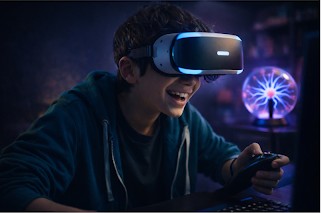 נער חובש משקפי מציאות מדומה ומחזיק בקר משחק